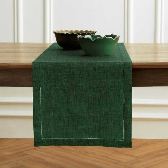 Solino Home 100% Pure Linen Forest Green Table Runner 14 x 108 Inch Hemstitch - Picture 2 of 5